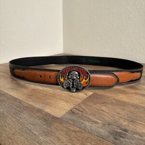Vintage Motorcycle Leather Belt Fear No Evil Skull Buckle Black Brown Mens 42